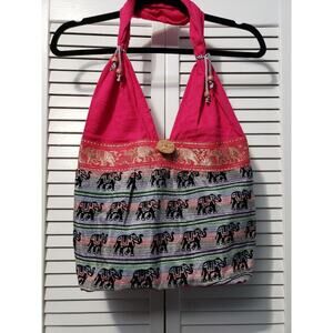 Jacquard Elephant Print Jhola Cloth Shoulder Bag Pink‎ Multi Color Zip Closure